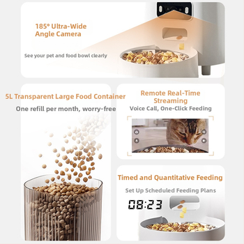 Automatický kŕmovač pre domáce zvieratá s širokouhlým videom, dvojpásmové 5G pripojenie, časovač a dávkovanie, ovládané cez aplikáciu, odnímateľný, pre psy a mačky