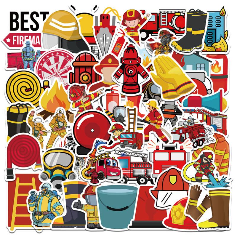 Ji Xiaoxiao – 50 kusov samolepiek s témou hasenia požiaru (hasičské auto, hasič) – roztomilý štýl, tlačená výroba