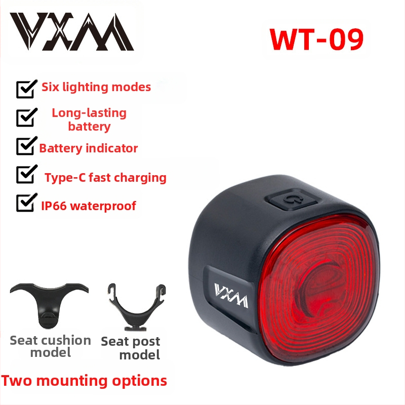 Zadné svetlo na bicykel s inteligentným senzorom a varovným brzdovým režimom, USB nabíjanie, 250 mAh batéria, 6 režimov, VXM