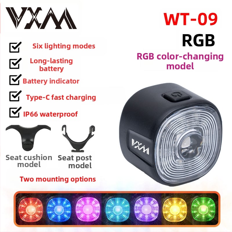 Zadné svetlo na bicykel s inteligentným senzorom a varovným brzdovým režimom, USB nabíjanie, 250 mAh batéria, 6 režimov, VXM