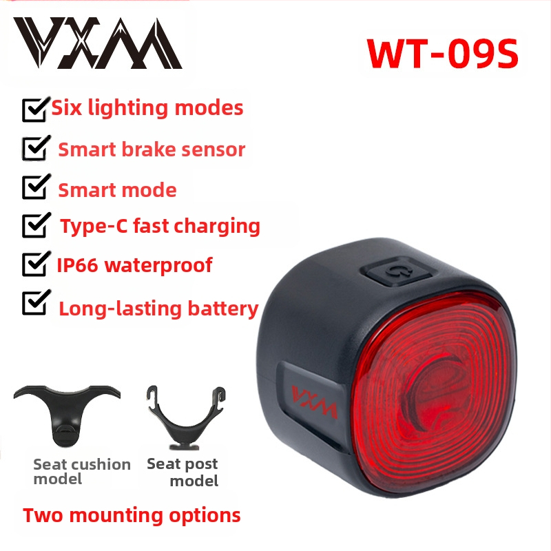 Zadné svetlo na bicykel s inteligentným senzorom a varovným brzdovým režimom, USB nabíjanie, 250 mAh batéria, 6 režimov, VXM