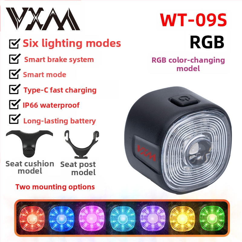 Zadné svetlo na bicykel s inteligentným senzorom a varovným brzdovým režimom, USB nabíjanie, 250 mAh batéria, 6 režimov, VXM