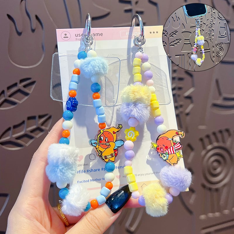 Kľúčenka s príveskom – ručná výroba, DIY, hviezdny pompon korálka, plyš a akryl, kreslený štýl