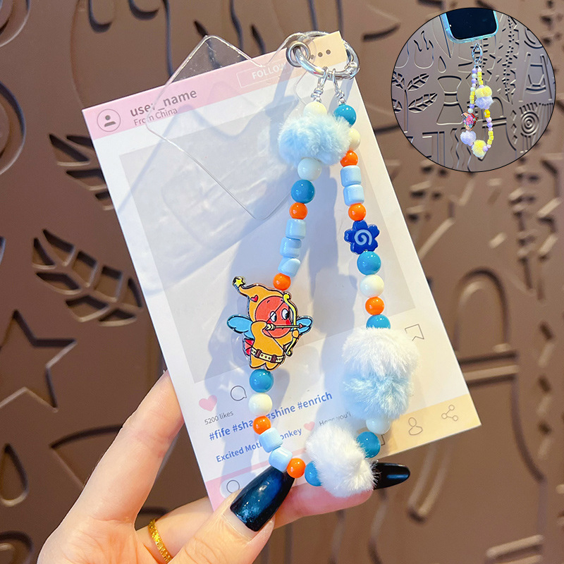Kľúčenka s príveskom – ručná výroba, DIY, hviezdny pompon korálka, plyš a akryl, kreslený štýl