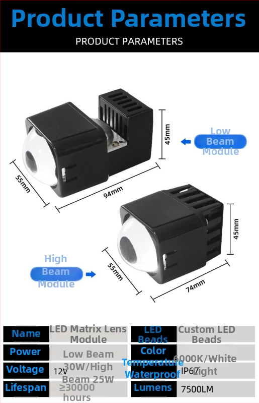 M1 Matrix modul LED Laser Bi-Optický pre auto — 12V, 45W, 3.5A, hliníková zliatina puzdro, životnosť 30000 h