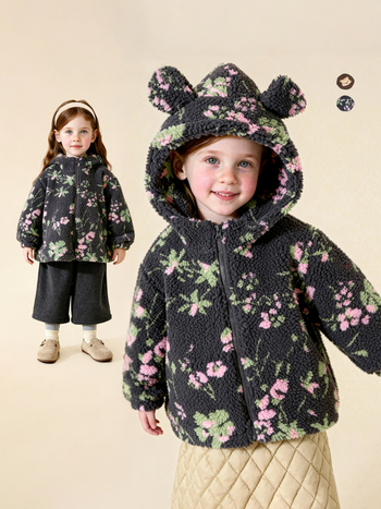 Detské zimné fleece s kapucňou, kvetinový kartún vzor, korejský štýl, hrubý materiál, zips