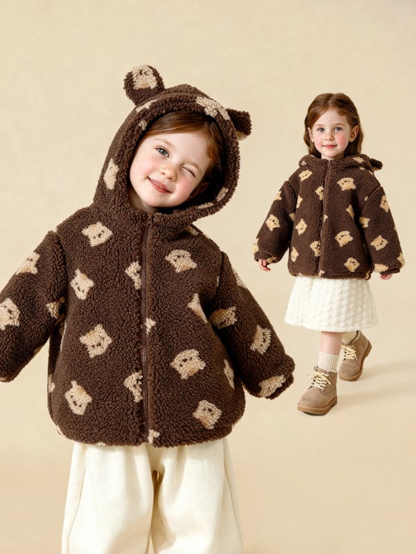 Detské zimné fleece s kapucňou, kvetinový kartún vzor, korejský štýl, hrubý materiál, zips