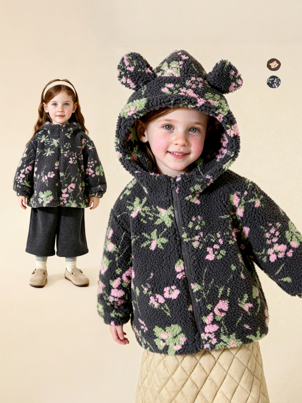 Detské zimné fleece s kapucňou, kvetinový kartún vzor, korejský štýl, hrubý materiál, zips