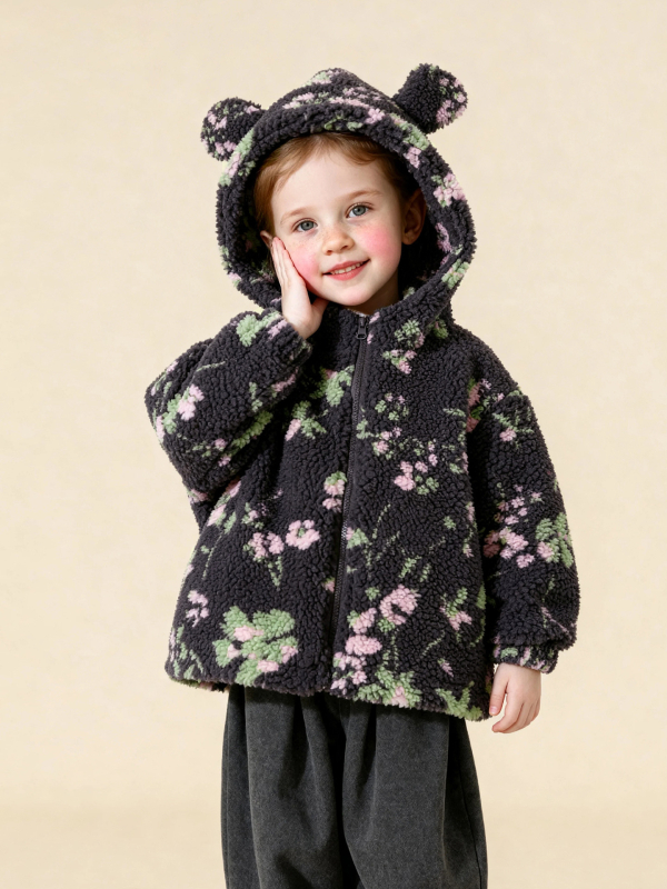 Detské zimné fleece s kapucňou, kvetinový kartún vzor, korejský štýl, hrubý materiál, zips