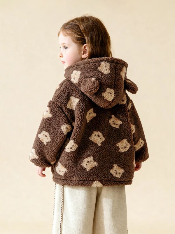 Detské zimné fleece s kapucňou, kvetinový kartún vzor, korejský štýl, hrubý materiál, zips