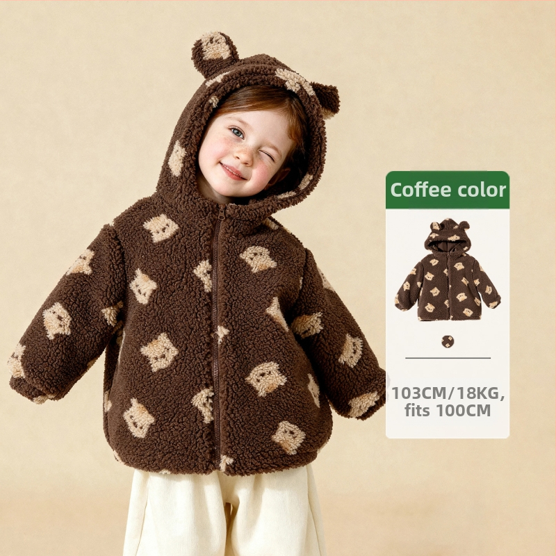 Detské zimné fleece s kapucňou, kvetinový kartún vzor, korejský štýl, hrubý materiál, zips