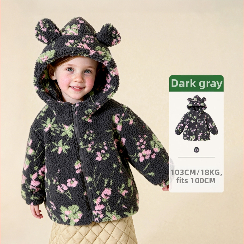 Detské zimné fleece s kapucňou, kvetinový kartún vzor, korejský štýl, hrubý materiál, zips