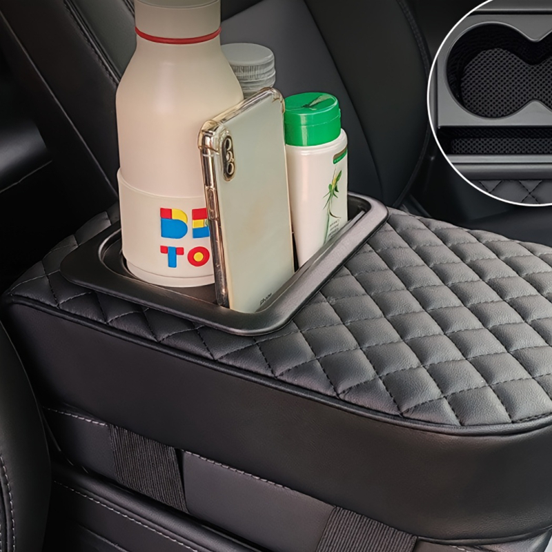 Auto elkoņa balsts ar pacelamu spilvenu, apaļas galvas dizains, pamata stils, āda, universāls transportlīdzeklis, salvetēm un glāzei paredzētais turētājs, četri vienā