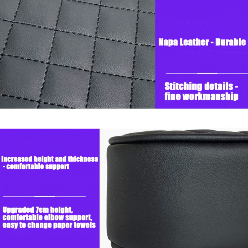 Auto elkoņa balsts ar pacelamu spilvenu, apaļas galvas dizains, pamata stils, āda, universāls transportlīdzeklis, salvetēm un glāzei paredzētais turētājs, četri vienā