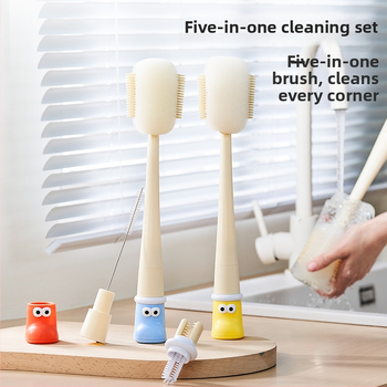 Dlhá rukoväť čistiacej kefy na poháre pre detské fľaše, šálky a slamky; 3 v 1 čistiaca kefka na medzery a hubka