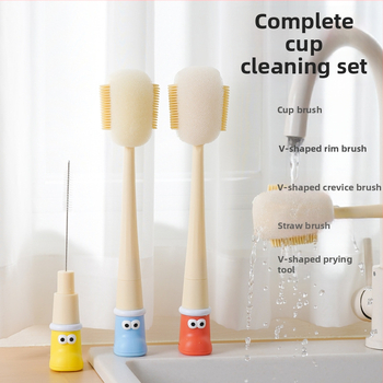Dlhá rukoväť čistiacej kefy na poháre pre detské fľaše, šálky a slamky; 3 v 1 čistiaca kefka na medzery a hubka