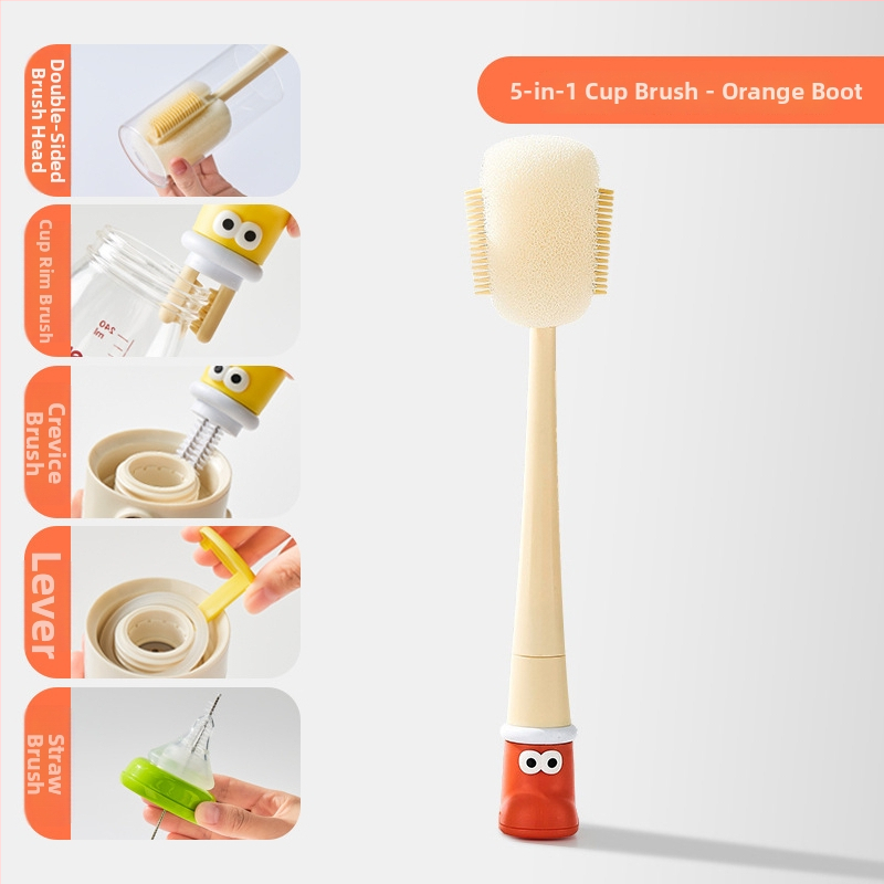 Dlhá rukoväť čistiacej kefy na poháre pre detské fľaše, šálky a slamky; 3 v 1 čistiaca kefka na medzery a hubka