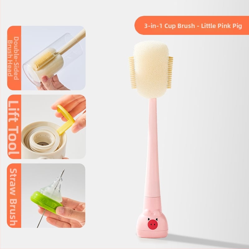 Dlhá rukoväť čistiacej kefy na poháre pre detské fľaše, šálky a slamky; 3 v 1 čistiaca kefka na medzery a hubka