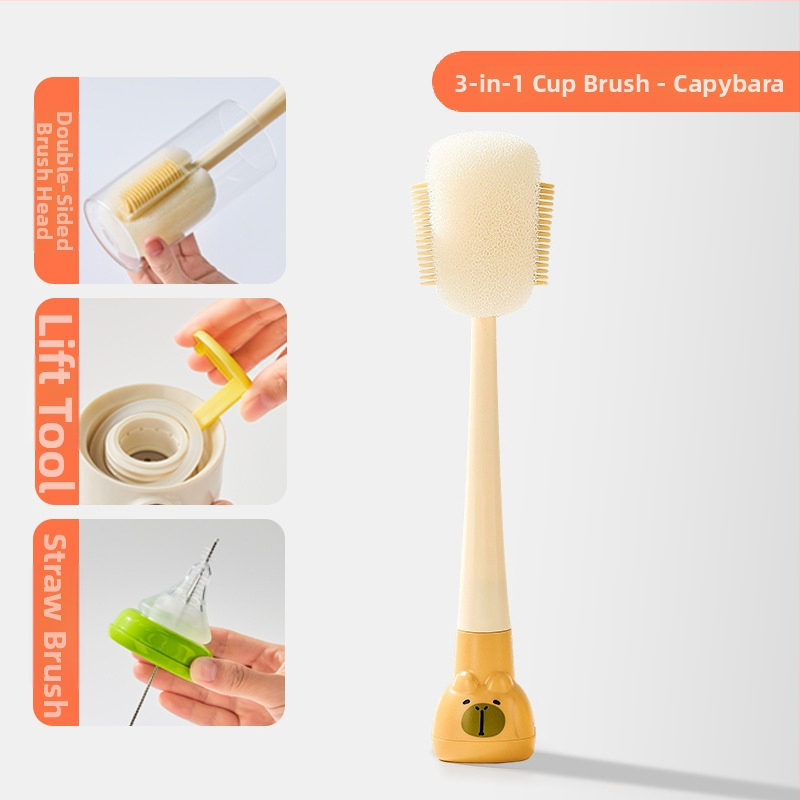 Dlhá rukoväť čistiacej kefy na poháre pre detské fľaše, šálky a slamky; 3 v 1 čistiaca kefka na medzery a hubka