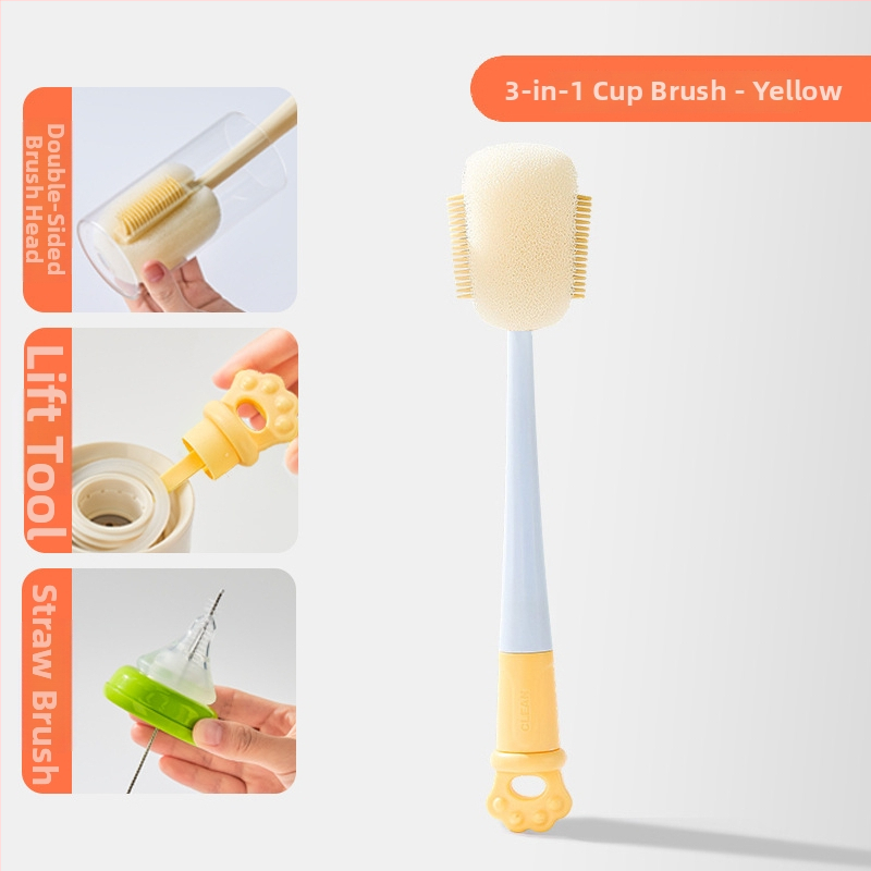 Dlhá rukoväť čistiacej kefy na poháre pre detské fľaše, šálky a slamky; 3 v 1 čistiaca kefka na medzery a hubka