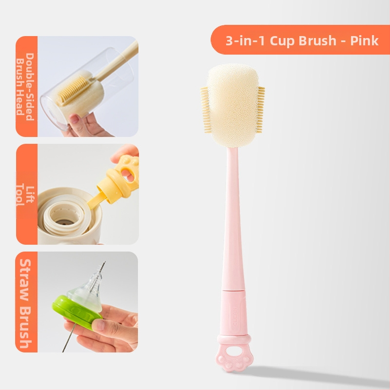 Dlhá rukoväť čistiacej kefy na poháre pre detské fľaše, šálky a slamky; 3 v 1 čistiaca kefka na medzery a hubka