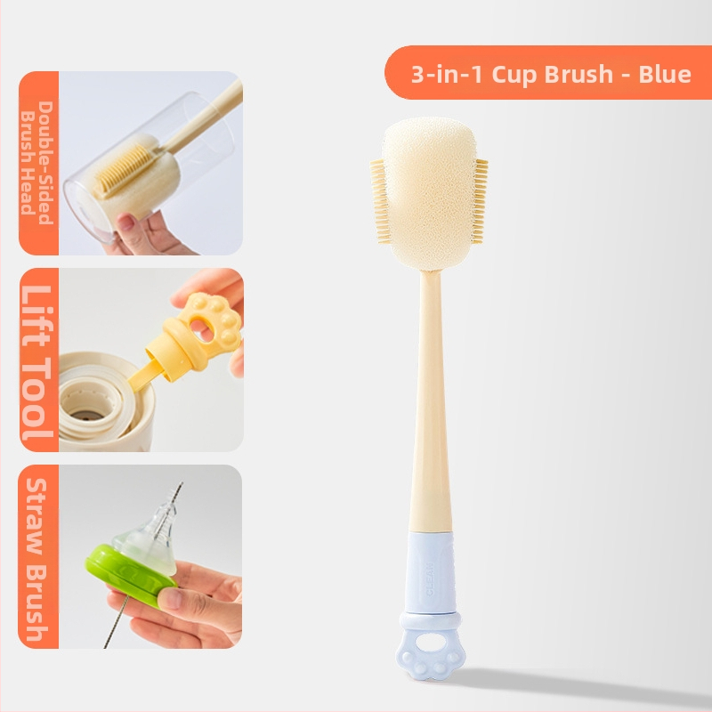 Dlhá rukoväť čistiacej kefy na poháre pre detské fľaše, šálky a slamky; 3 v 1 čistiaca kefka na medzery a hubka