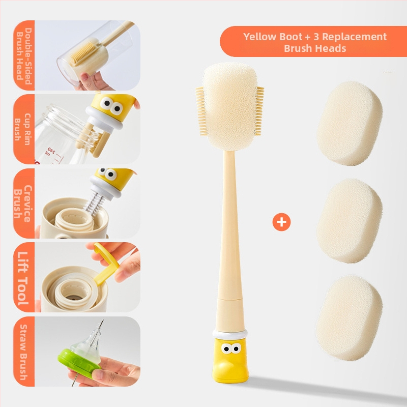 Dlhá rukoväť čistiacej kefy na poháre pre detské fľaše, šálky a slamky; 3 v 1 čistiaca kefka na medzery a hubka