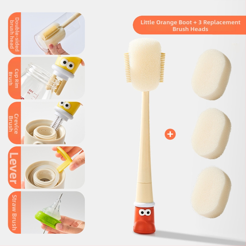 Dlhá rukoväť čistiacej kefy na poháre pre detské fľaše, šálky a slamky; 3 v 1 čistiaca kefka na medzery a hubka