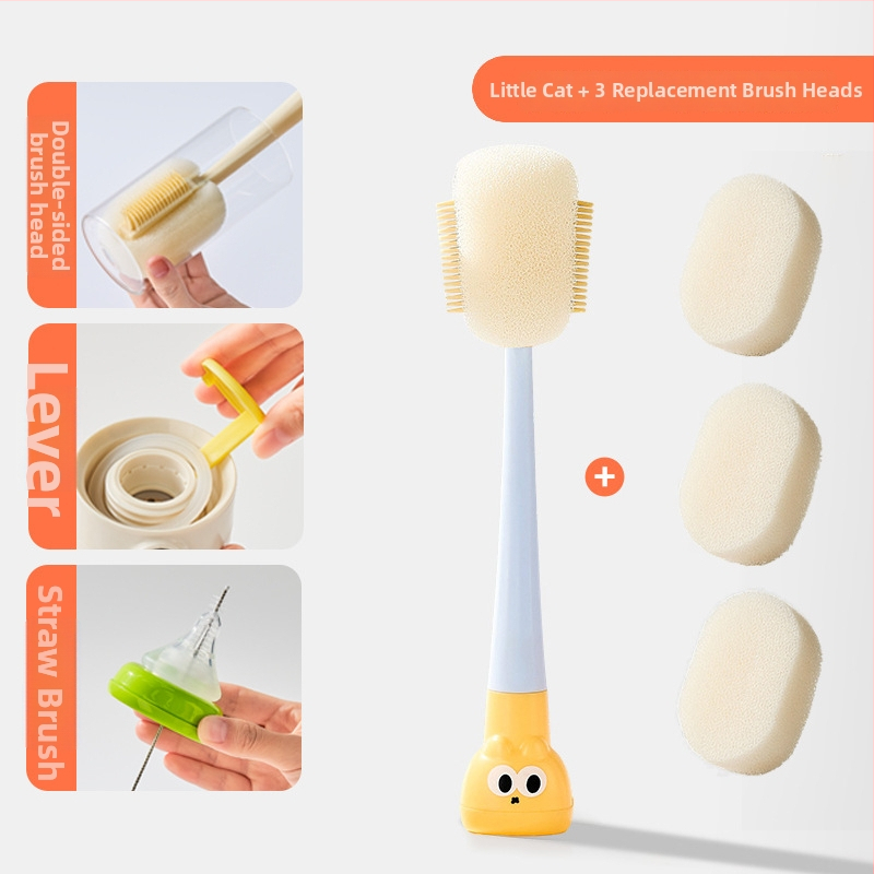 Dlhá rukoväť čistiacej kefy na poháre pre detské fľaše, šálky a slamky; 3 v 1 čistiaca kefka na medzery a hubka