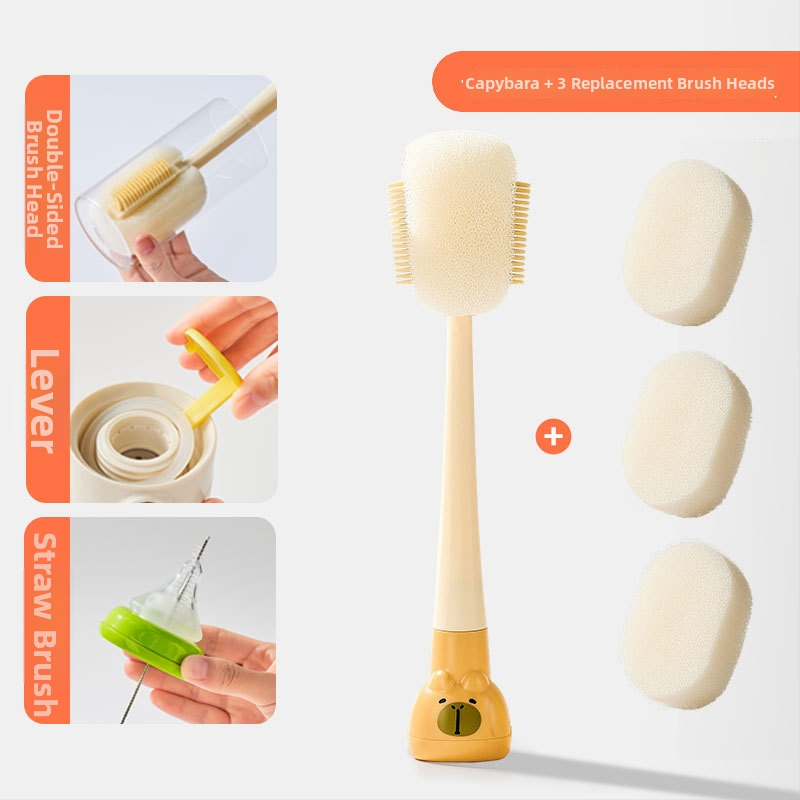 Dlhá rukoväť čistiacej kefy na poháre pre detské fľaše, šálky a slamky; 3 v 1 čistiaca kefka na medzery a hubka