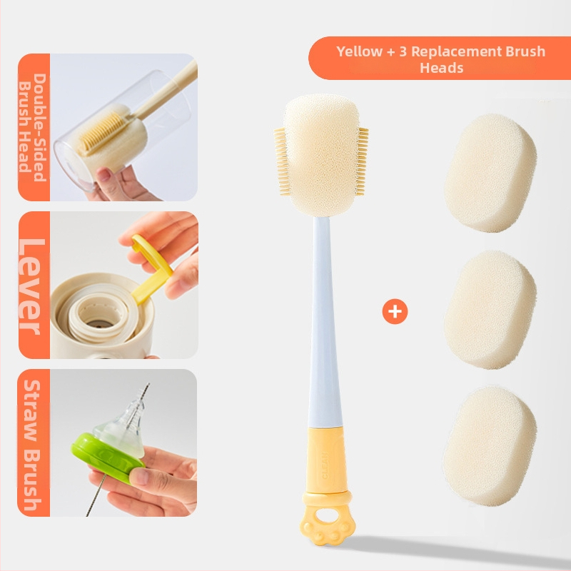 Dlhá rukoväť čistiacej kefy na poháre pre detské fľaše, šálky a slamky; 3 v 1 čistiaca kefka na medzery a hubka