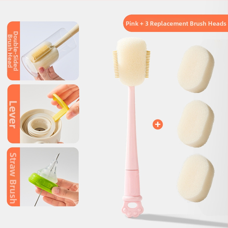 Dlhá rukoväť čistiacej kefy na poháre pre detské fľaše, šálky a slamky; 3 v 1 čistiaca kefka na medzery a hubka