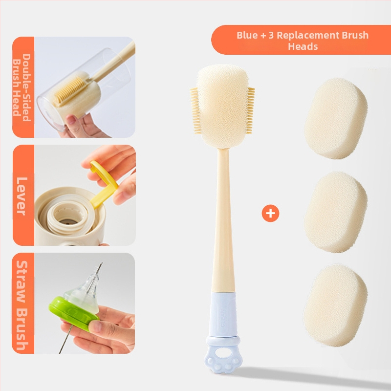 Dlhá rukoväť čistiacej kefy na poháre pre detské fľaše, šálky a slamky; 3 v 1 čistiaca kefka na medzery a hubka