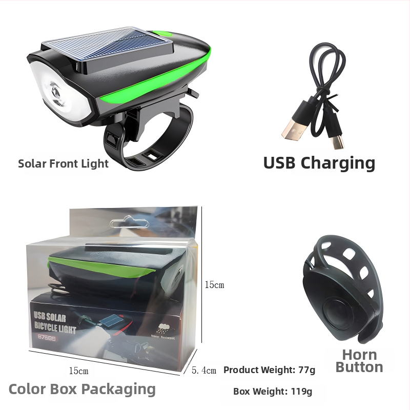 Tourmaline solárne predné svetlo na horské kolo so zvončekom – prispôsobiteľné spracovanie, pripravené na súkromnú značku