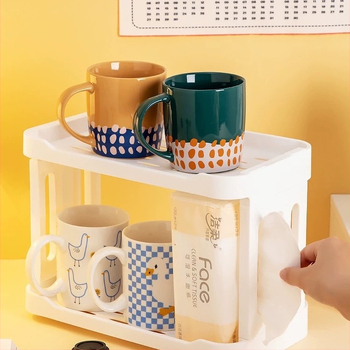 Stolný stojan na šálky, dvojité vrstvy, plastový, prenosný, bez dier, japonský štýl