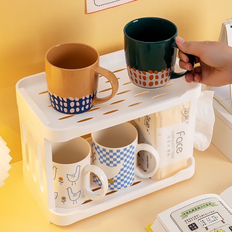 Stolný stojan na šálky, dvojité vrstvy, plastový, prenosný, bez dier, japonský štýl