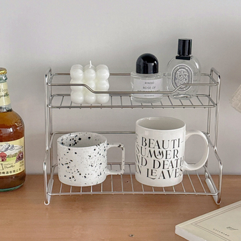 Dvojposchodový organizér kozmetiky z nehrdzavejúcej ocele na stolný, s držiakom na pohár – minimalistický štýl, bez potreby montáže