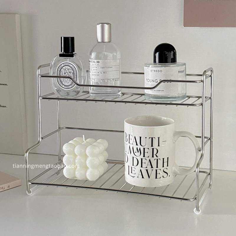 Dvojposchodový organizér kozmetiky z nehrdzavejúcej ocele na stolný, s držiakom na pohár – minimalistický štýl, bez potreby montáže