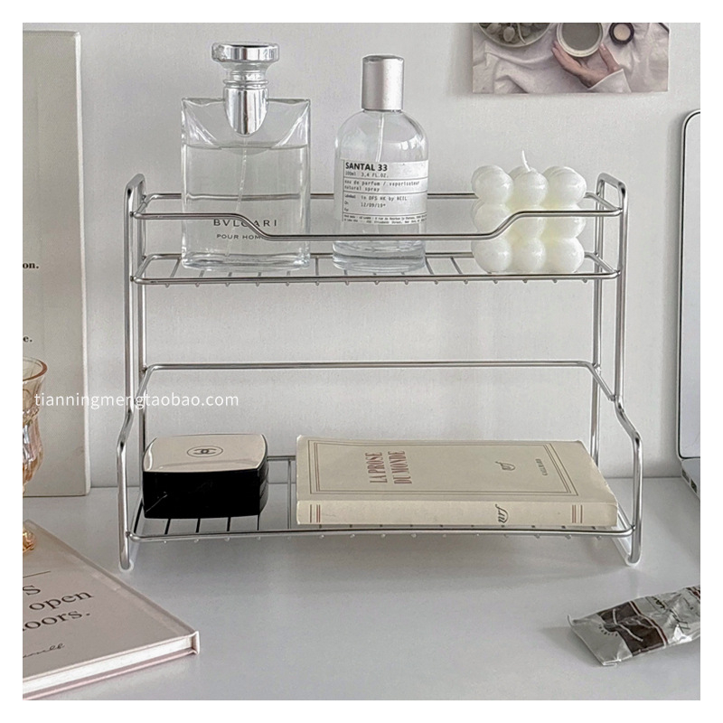Dvojposchodový organizér kozmetiky z nehrdzavejúcej ocele na stolný, s držiakom na pohár – minimalistický štýl, bez potreby montáže