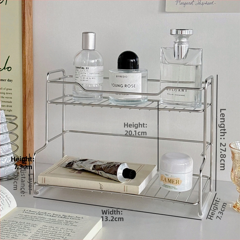 Dvojposchodový organizér kozmetiky z nehrdzavejúcej ocele na stolný, s držiakom na pohár – minimalistický štýl, bez potreby montáže