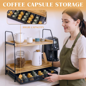 Dvoslojni stolni organizator s kombinacijom metala i drveta, višefunkcionalan, pokretan, moderan minimalistički dizajn