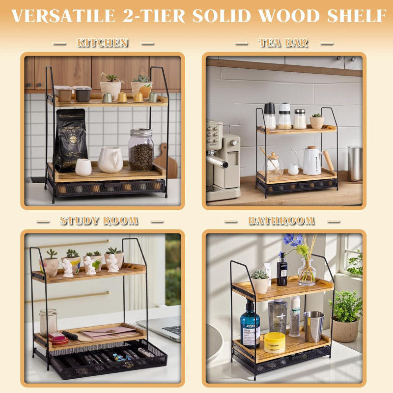 Dvoslojni stolni organizator s kombinacijom metala i drveta, višefunkcionalan, pokretan, moderan minimalistički dizajn