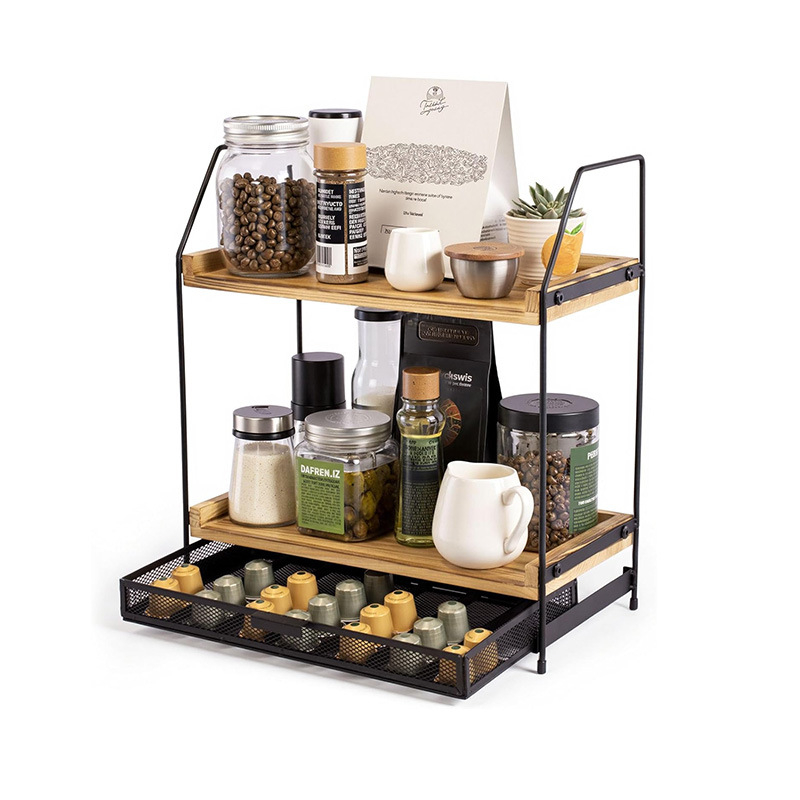 Dvoslojni stolni organizator s kombinacijom metala i drveta, višefunkcionalan, pokretan, moderan minimalistički dizajn