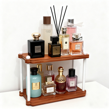 Raft de depozitare pentru birou - Organizator cu două etaje din nan-bambus pentru ustensilele de ceai și căni, design minimalist