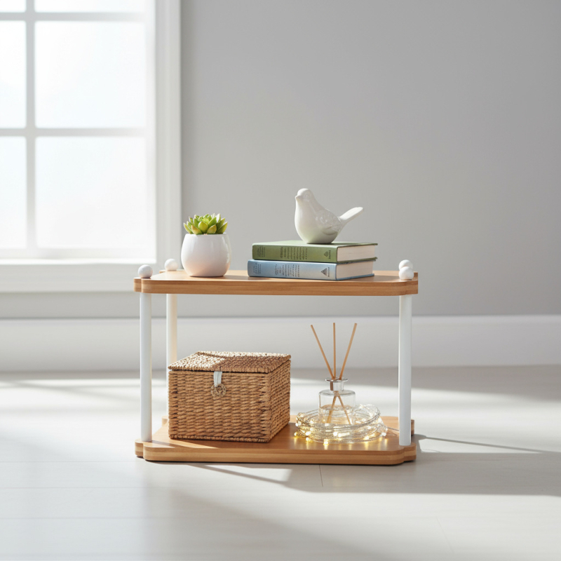 Raft de depozitare pentru birou - Organizator cu două etaje din nan-bambus pentru ustensilele de ceai și căni, design minimalist