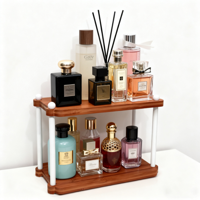 Raft de depozitare pentru birou - Organizator cu două etaje din nan-bambus pentru ustensilele de ceai și căni, design minimalist