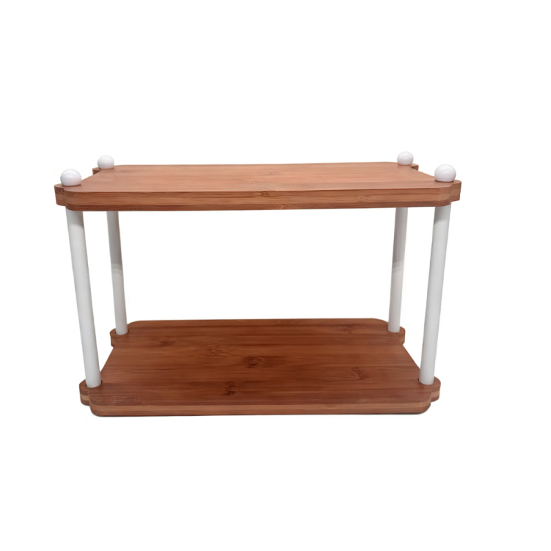 Raft de depozitare pentru birou - Organizator cu două etaje din nan-bambus pentru ustensilele de ceai și căni, design minimalist