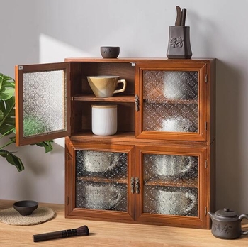 Drevený stolný organizér na skladovanie — prachotesný, multifunkčný, presuniteľný, bez montáže; 2 poschodia, 6 priečinkov; vhodný na kozmetiku, kuchyňu, stol, spálňu, obývaciu izbu.