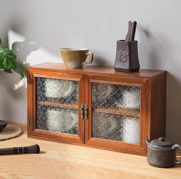 Drevený stolný organizér na skladovanie — prachotesný, multifunkčný, presuniteľný, bez montáže; 2 poschodia, 6 priečinkov; vhodný na kozmetiku, kuchyňu, stol, spálňu, obývaciu izbu.