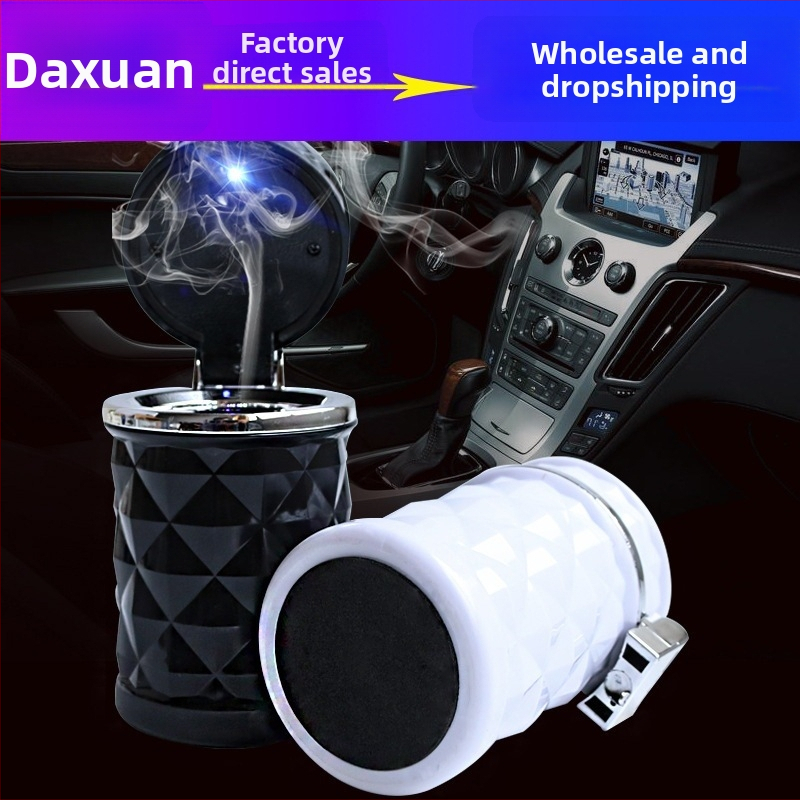 Automobilový popolník s diamantovým fasetovým dizajnom, LED osvetlením, výklopným krytom, uchytenie na ventilačnom otvoru s držiakom